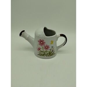 Vintage Unmarked Art Pottery Brown Speckled Watering Can Pink Flowers Butterfly